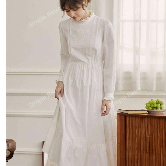 Simple Retro Medium White Floral Embroidery Ruffle Cotton Hem Cottagecore Dress - Picture 3 of 10